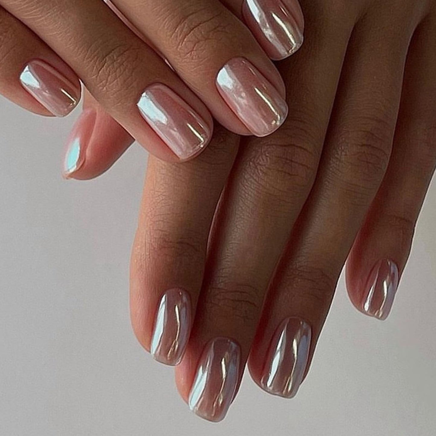 Chrome Square Press on Nails Short Nude Mirror Fake Nails Glossy Natural False Nails with Designs Soft Gel Nails Full Cover Acrylic Nails Stick on Nails for Women and Girls 24 Pcs