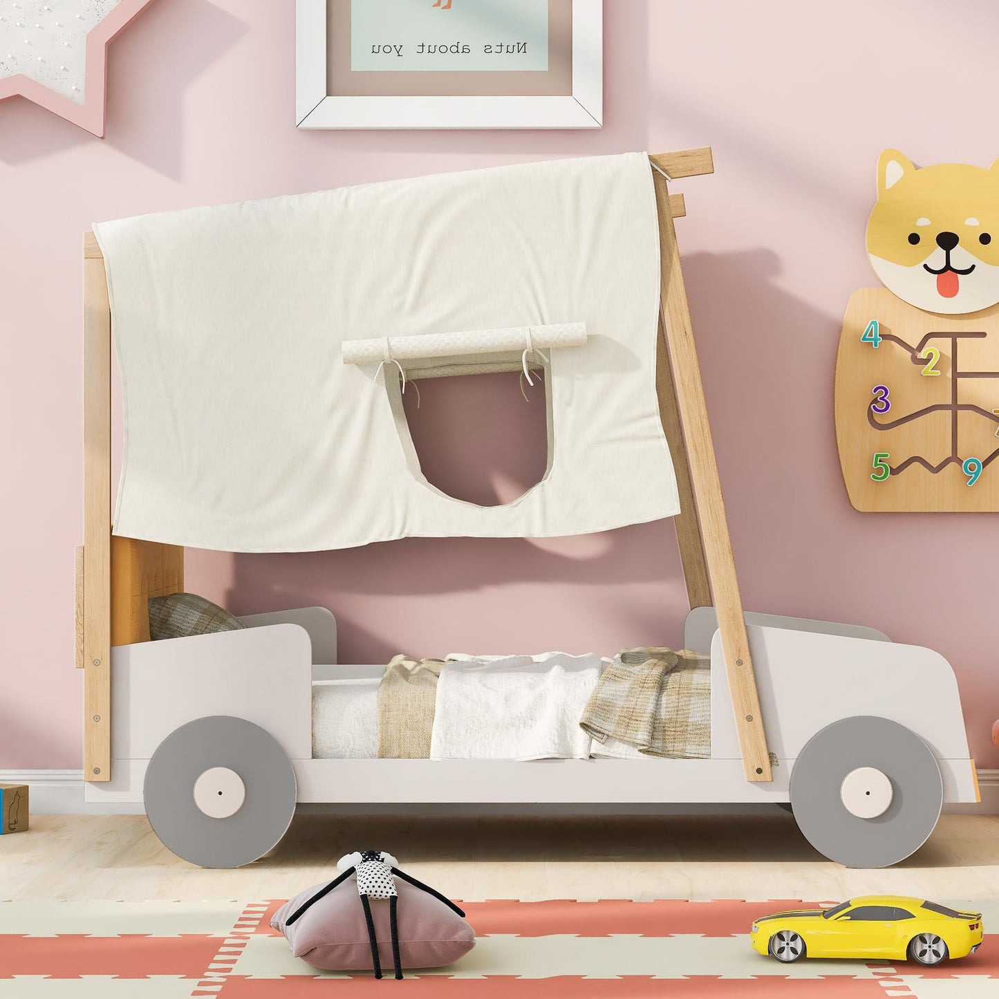 Harper & Bright Designs Twin Size Car Bed with Pillow, Ceiling Cloth, Twin Wooden Kids Playhouse Bed Frame, Wood Twin Platform Bed for Boys Girls Teens (Natural, Twin)