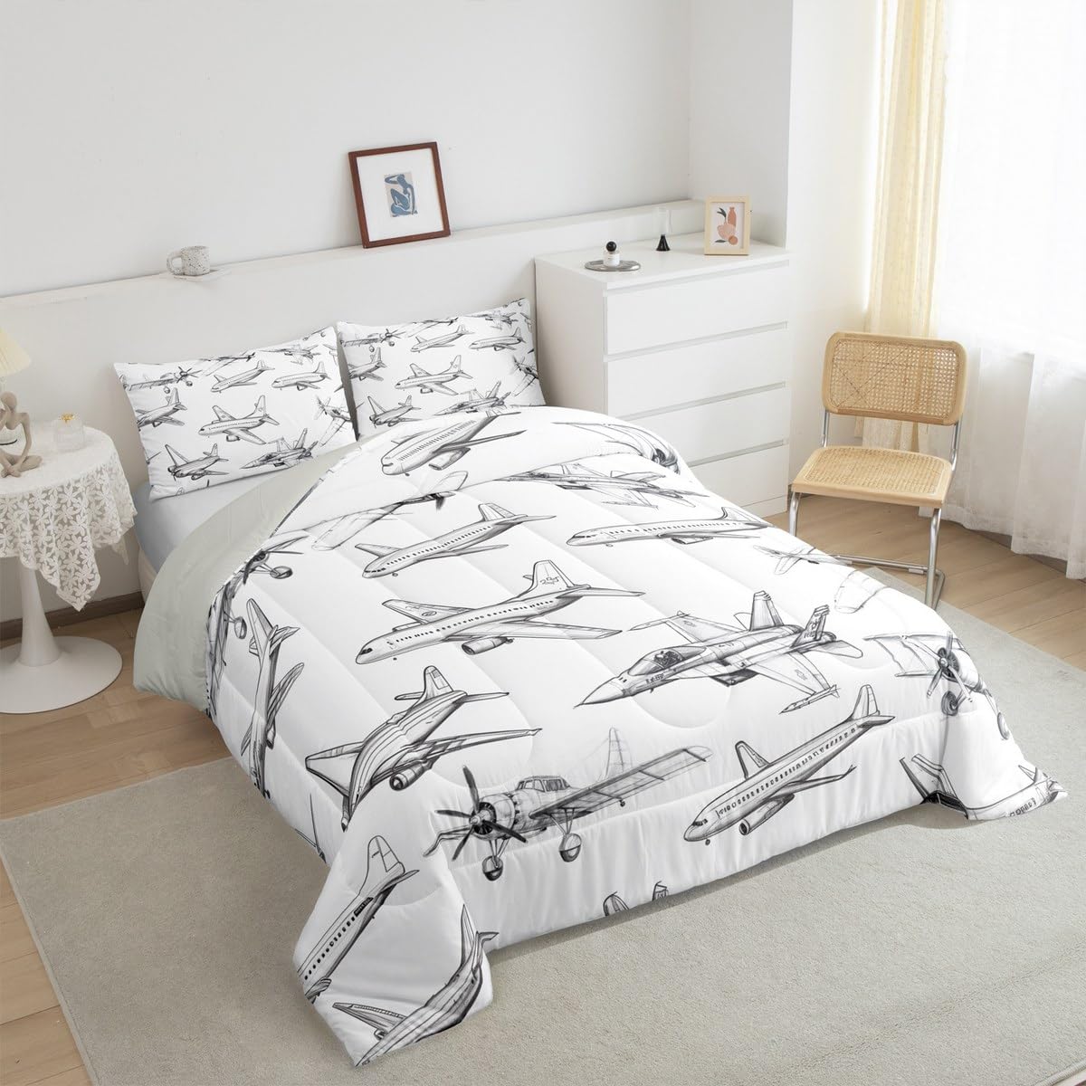 Homewish Airplane Comforter Set Twin Size Aircraft Bedding Set 2Pcs for Kids Girls Boys Teens Bedroom Decor Black White Sketch Print Quilt Set Flying Theme Duvet Insert,1 Pillowcase