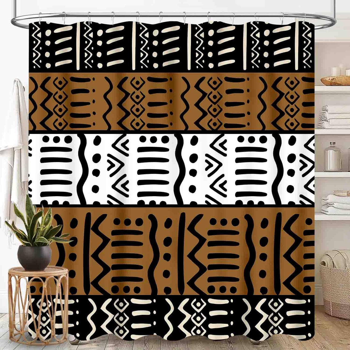 African Mudcloth Shower Curtain for Bathroom, oho Modern Abstract Geometric Print Tribal Africa Ethnic Pattern Bohemian Brown Waterproof Fabric Shower Curtain Set with Hooks, 72"x72" Inch