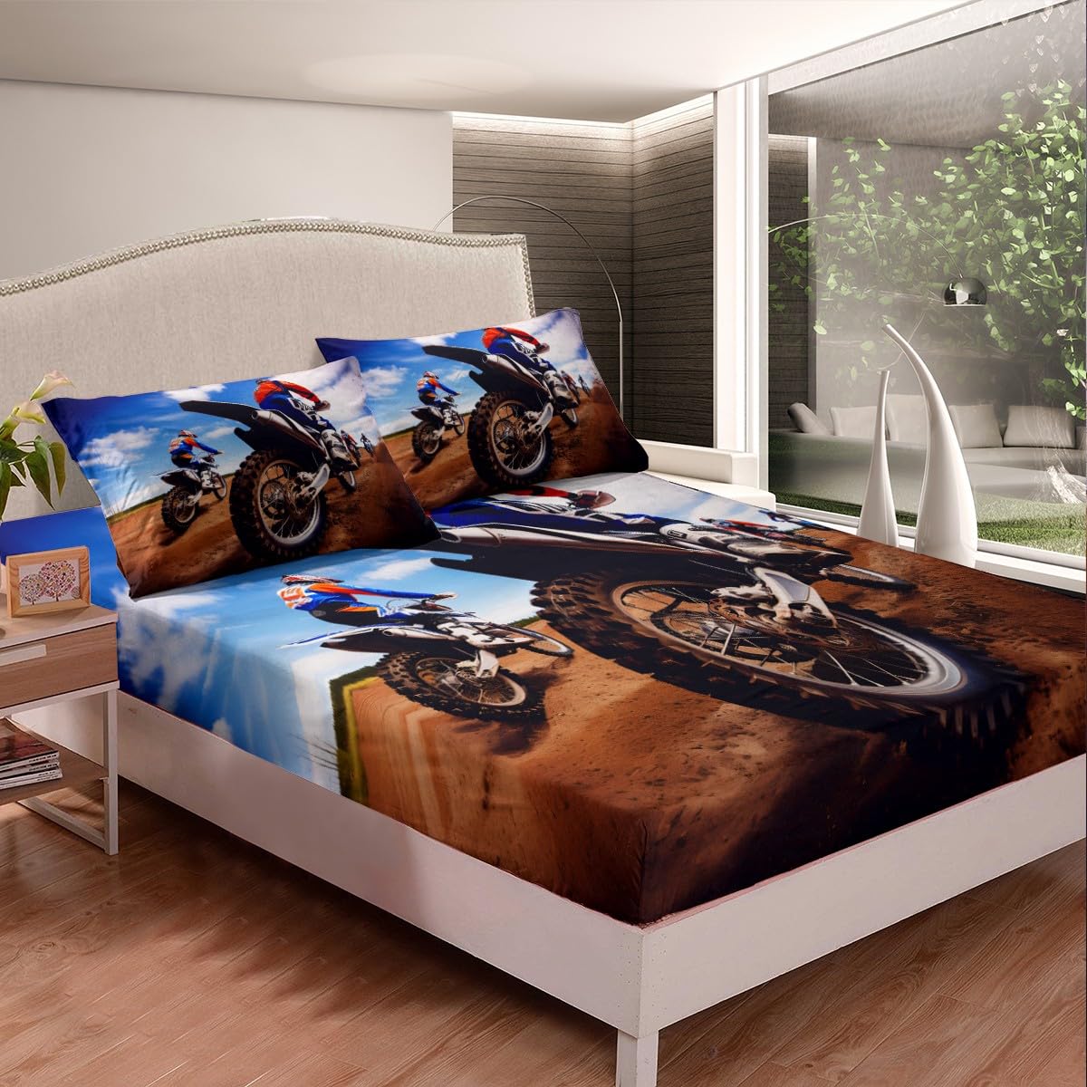 Feelyou Motorbike Fitted Sheet Dirt Bike Bed Sheet Sports Motorcycle Bedding for Kids Boys Teens Queen Size Motocross Racer Sheet Set Includes 1 Sheets & 2 Pillowcases (No Flat Sheet)