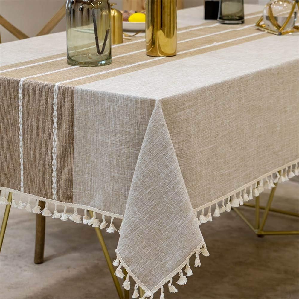 FMIYJUN Rectangle Cotton Tablecloths Linen Waterproof Tablecloth Burlap Embroidered Fabric Table Cloths for Kitchen Dining Party Wedding Tables Coffee Lines 55 x 70 Inch