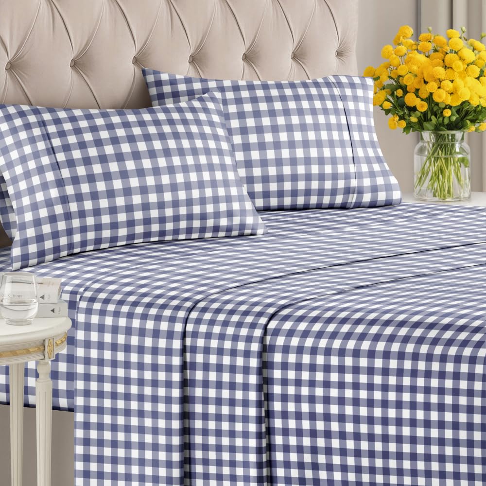 Blue Checkered Sheet Set - 1 Flat & 1 Fitted Sheet & 2 Pillowcases w/ Deep Pockets - Grid, Plaid, Gingham Pattern Bed Set - Comfy, Wrinkle & Fade Resistant - Soft, Breathable and Cooling - Queen Size