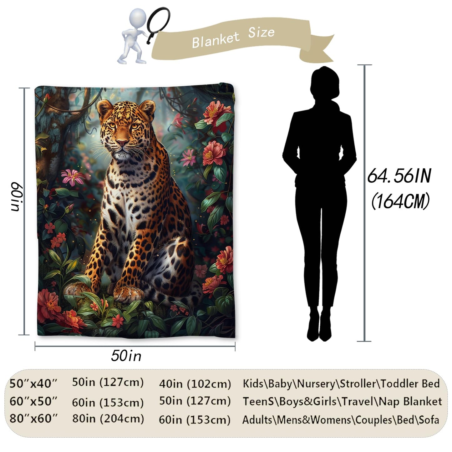 Ti Caldi Leopard in Jungle Blanket, Soft Flannel Tropical Foliage and Flowers Throw Blanket for Couch, Bed, Travel & Home Decor, Lightweight Cozy Warm Fuzzy Blankets for Adults Women Kids 60×50 in
