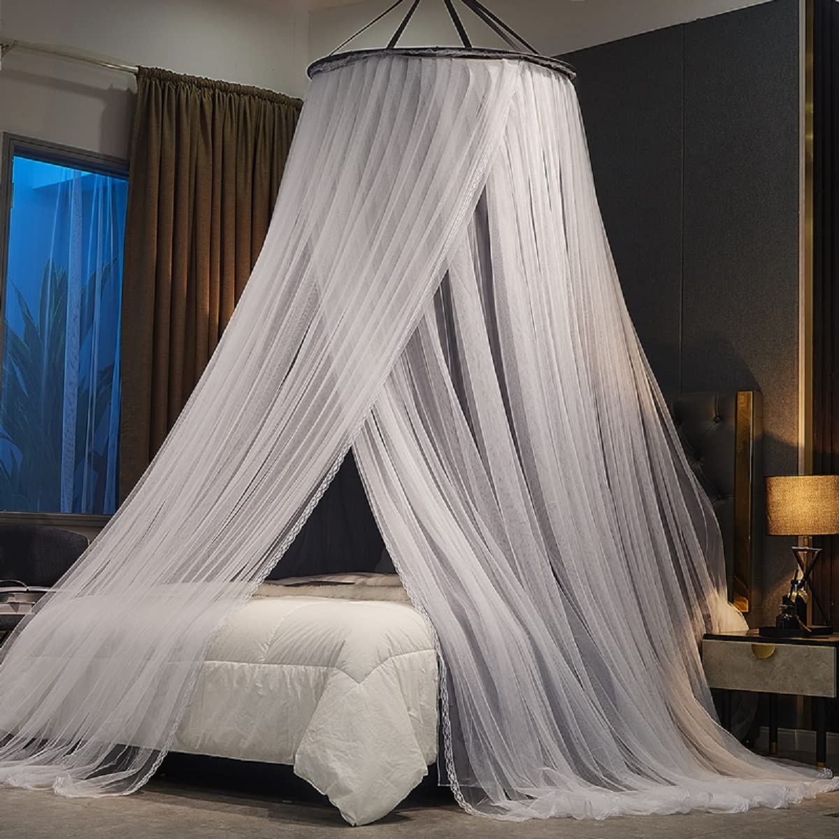 Kertnic Luxurious Bed Canopy for Girls & Adults - Double Layer Princess Canopy with Lace, Round Dome Mosquito Netting for Queen/King Bed Tent (New Gray)
