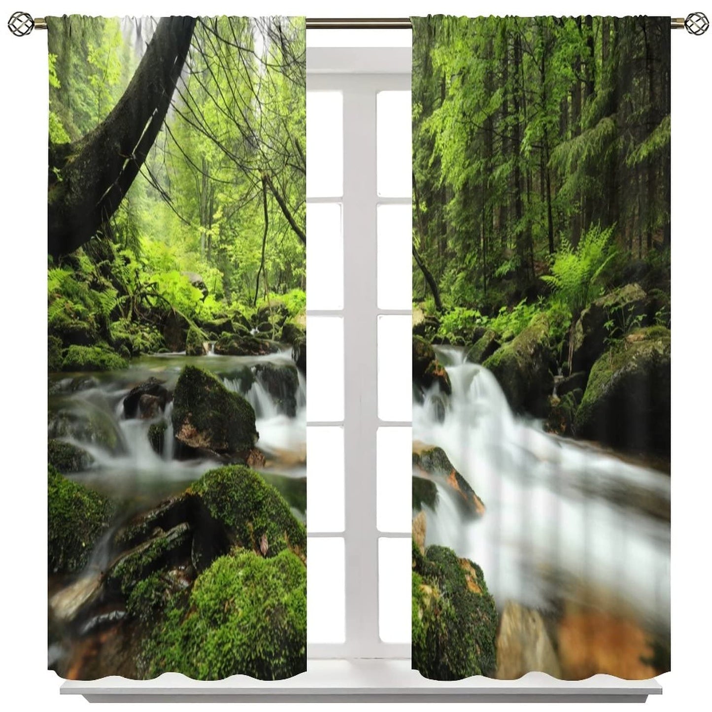 Forest Waterfall Curtains, Spring Nature Landscape Theme in Tropical Forest, Blackout Decorative Curtains for Bedroom Living Room, 2 Panel Set, 42X45 Inch