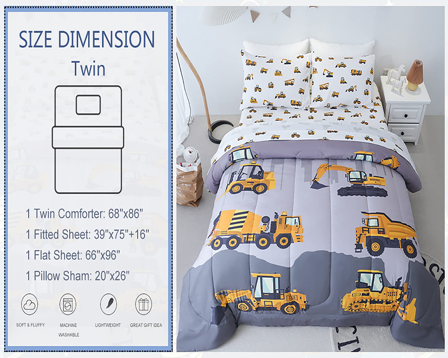 Cokouchyi Twin Size Comforter Set for Boys, 4-Piece Bed in a Bag, 3D Construction Bedding Comforter Sheet Set, Ultra Soft and Fluffy, Cartoon Truck Cars