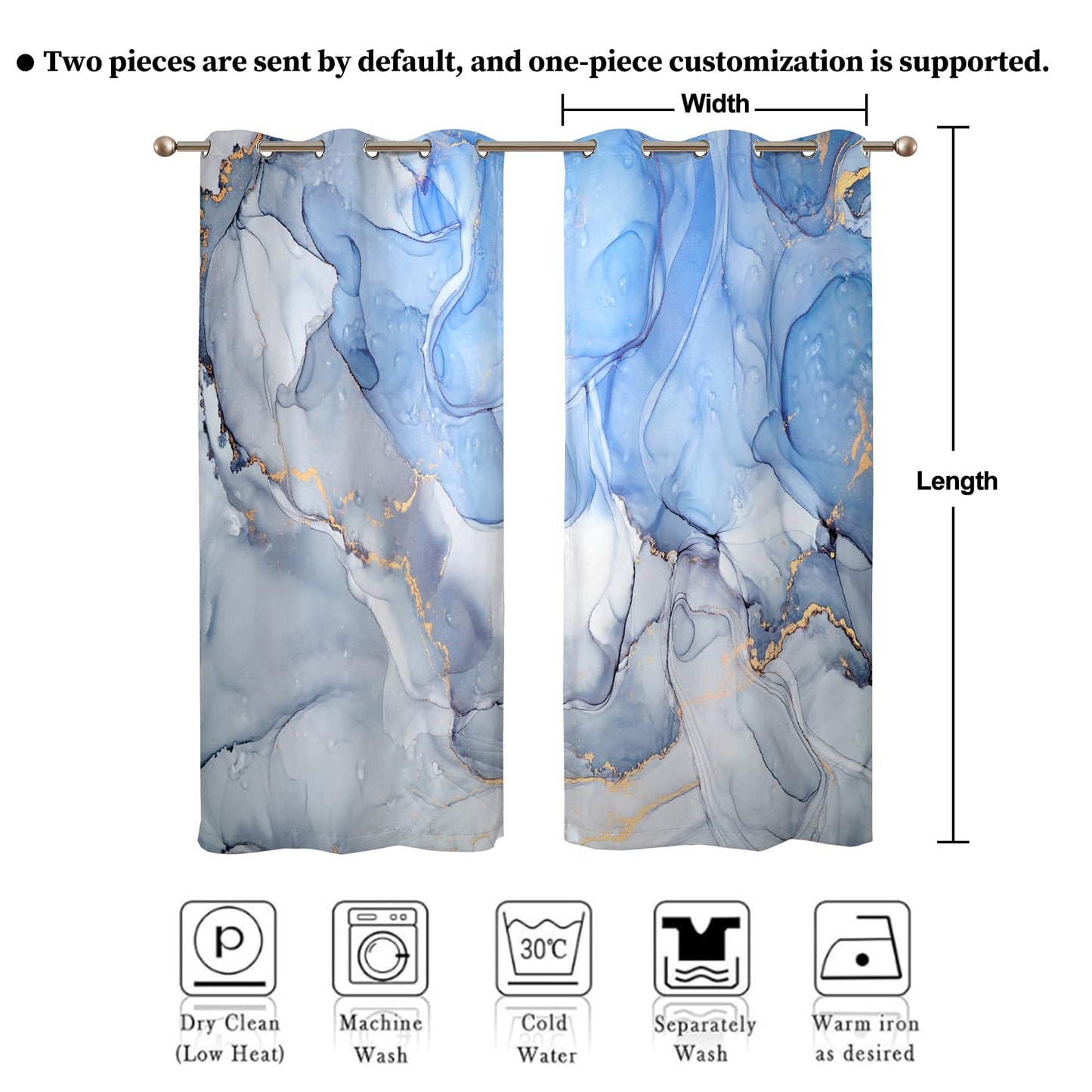 Renaiss Blue Marble Blackout Curtains, Light Blue Liquid Art Thermal Insulated Bedroom Window Curtains, Modern Luxury Marble Texture Window Drapes for Living Room, 42W x 84L 2 Panels Set