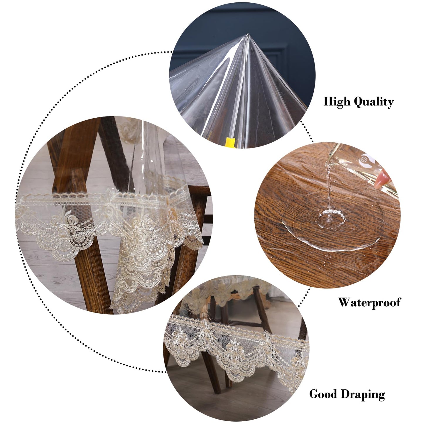 Rakila Clear Plastic Rectangle Tablecloth Vinyl Waterproof Table Cloth Embroidered Lace Edge Transparent Table Cover for Dining Kitchen Outdoor(60 x 98 inch, Coffee Style 2)