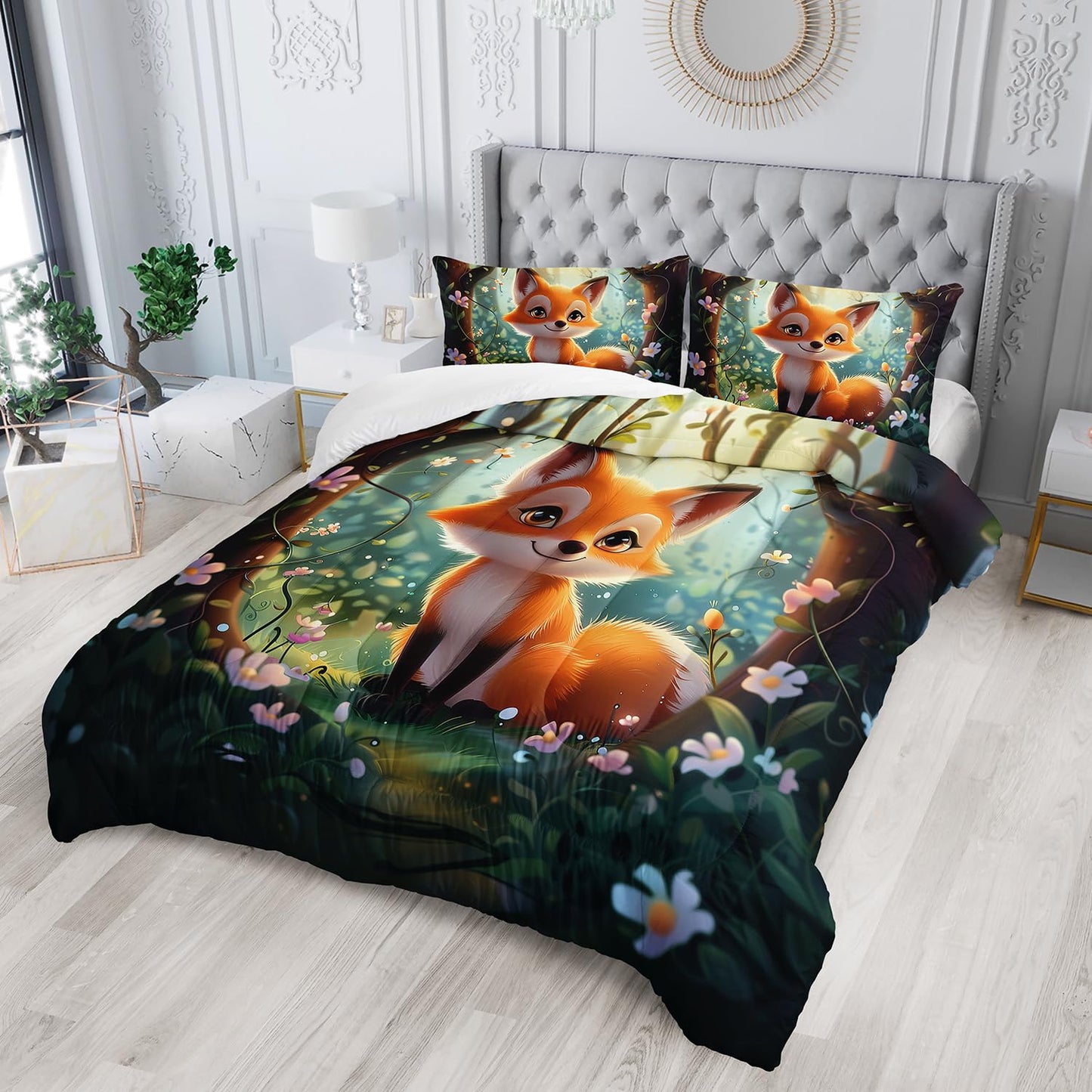 AILONEN Kawaii Orange Cartoon Bedding Set - Twin Size, 3-Piece Forest Fox Set with 1 Comforter and 2 Pillowcases for Boys & Girls