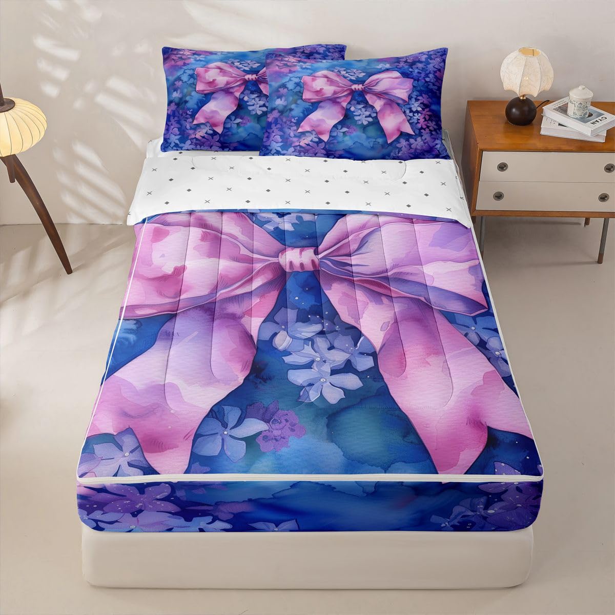 Feelyou Blue Flower Zipper Bedding Purple Bow Comforter Set for Kids Boys Girls Queen Size Cute Ribbon Zippered Kids Bedding Set Ultra Soft Dreamy Princess Style Bed in a Bag