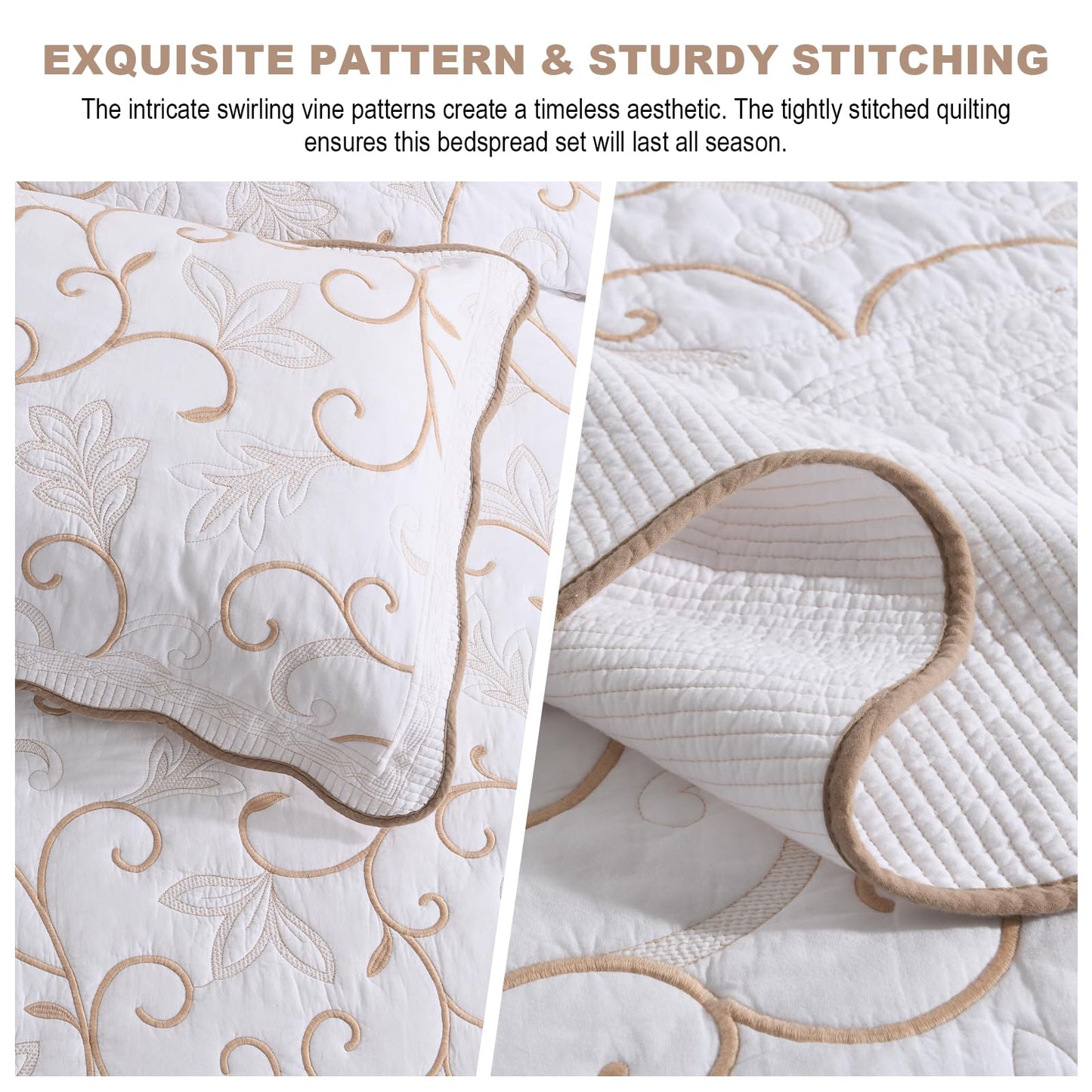 FineStichery 100% Cotton Oversized Bedspread Quilt Coverlet Set, 128"x120" Extra Large Cal King Bedspreads with Pillow Shams, Lightweight Embroidered Bedding Cover 3 Piece, White/Beige