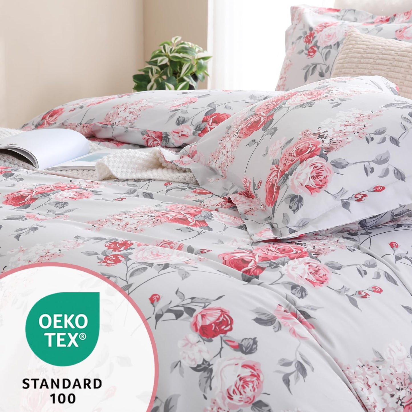 Ocharo Pink Floral Duvet Cover Set King Size 100% Cotton,Reversible Romantic Garden Rose Print Bedding Set for Girls Women,Soft 3 Pieces Cute Chic Style Comforter Cover with 2 Pillow Sham(20"x26")
