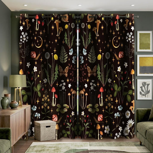 Moonslim Vintage Floral Blackout Curtains, Rustic Woodland Fairy Mushroom Wildflower Black Window Drapes, Thermal Insulated Darkening for Bedroom Living Room Decor 2 Panels 52x84 Inch