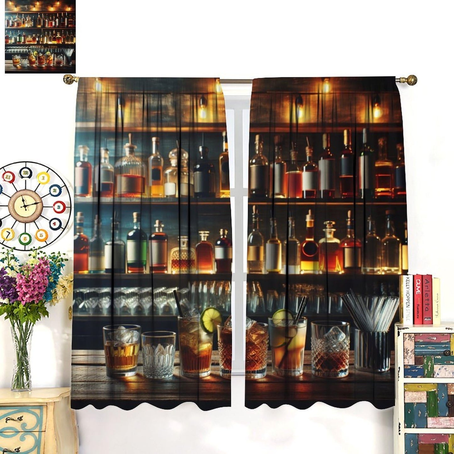 VUMIVI Retro Pub Curtains Wooden Bar with Cocktail Beer Whiskey Print Speakeasy Style Rod Pocket Window Treatments for Living Dining Bedroom Kitchen Man Cave Home Bar 42" W X 44.5" L