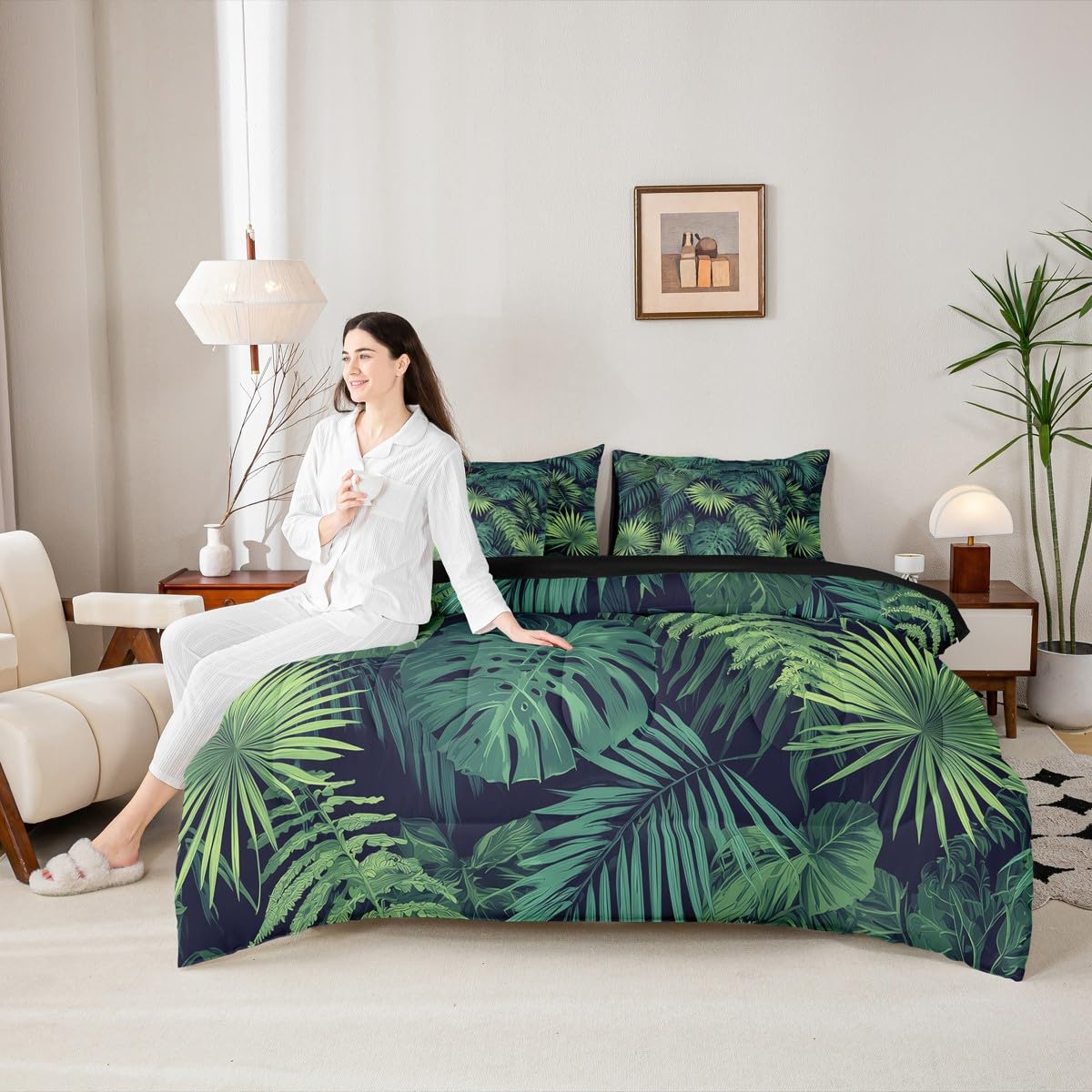 Erosebridal Palm Leaves King Comforter Set 7 Pieces, Monstera Bed in A Bag for Bedroom, Hawaii Tropical Leaves Bedding Set with Comforters, Sheets, Pillowcases Summer Boho Hippie Style Room Decor