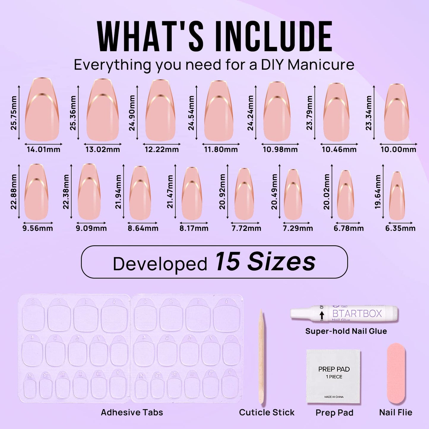BTArtbox Press on Nails Long - Rose Gold Outline Designed French Tip Press on Nails, Coffin Glue On Nails, Reusable Soft Gel Stick On Nails with Nail Glue in 16 Sizes, Gilded French