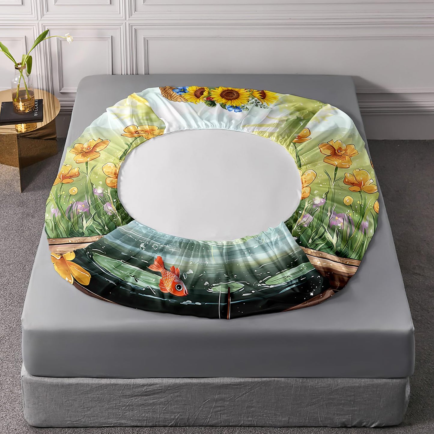 UEVBF Frog Bedding Set Full Size,Pond Grass Flowers Pattern Fitted Sheet for Kids Girls Boys Bedroom Decor,Green Nature Insect Themed Bedding Sets,1 Fitted Sheet+2 Pillowcases.