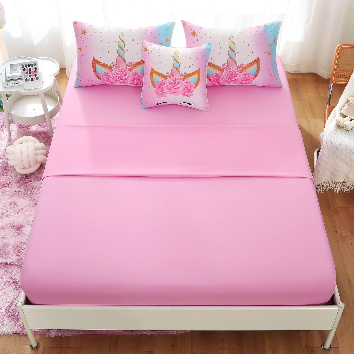 Keyroal 6Pcs Twin Comforter Set with Sheet,Unicorn Flower Bedding Set for Kids,Pink Rainbow Bed in a Bag Bedding for Girls-Smile Unicorn