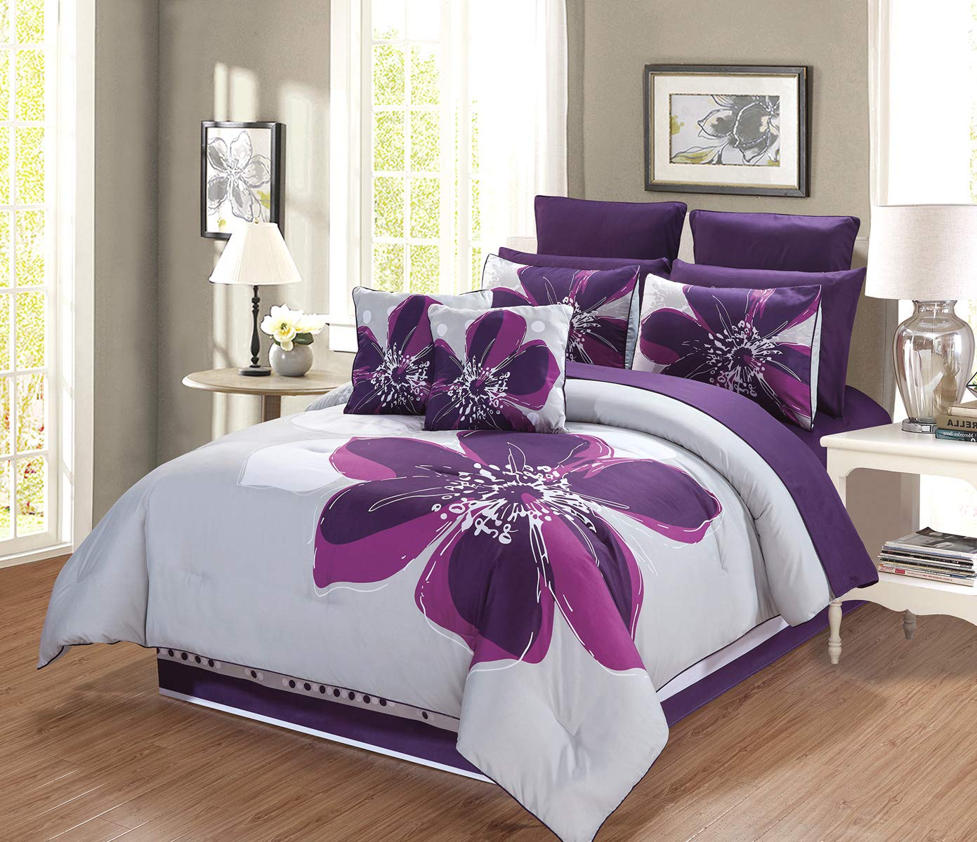 Grand Linen 12 - Piece Grey, Purple, Dark Purple Floral Bed-in-a-Bag Queen Size Bedding + Sheets + Accent Pillows Comforter Set