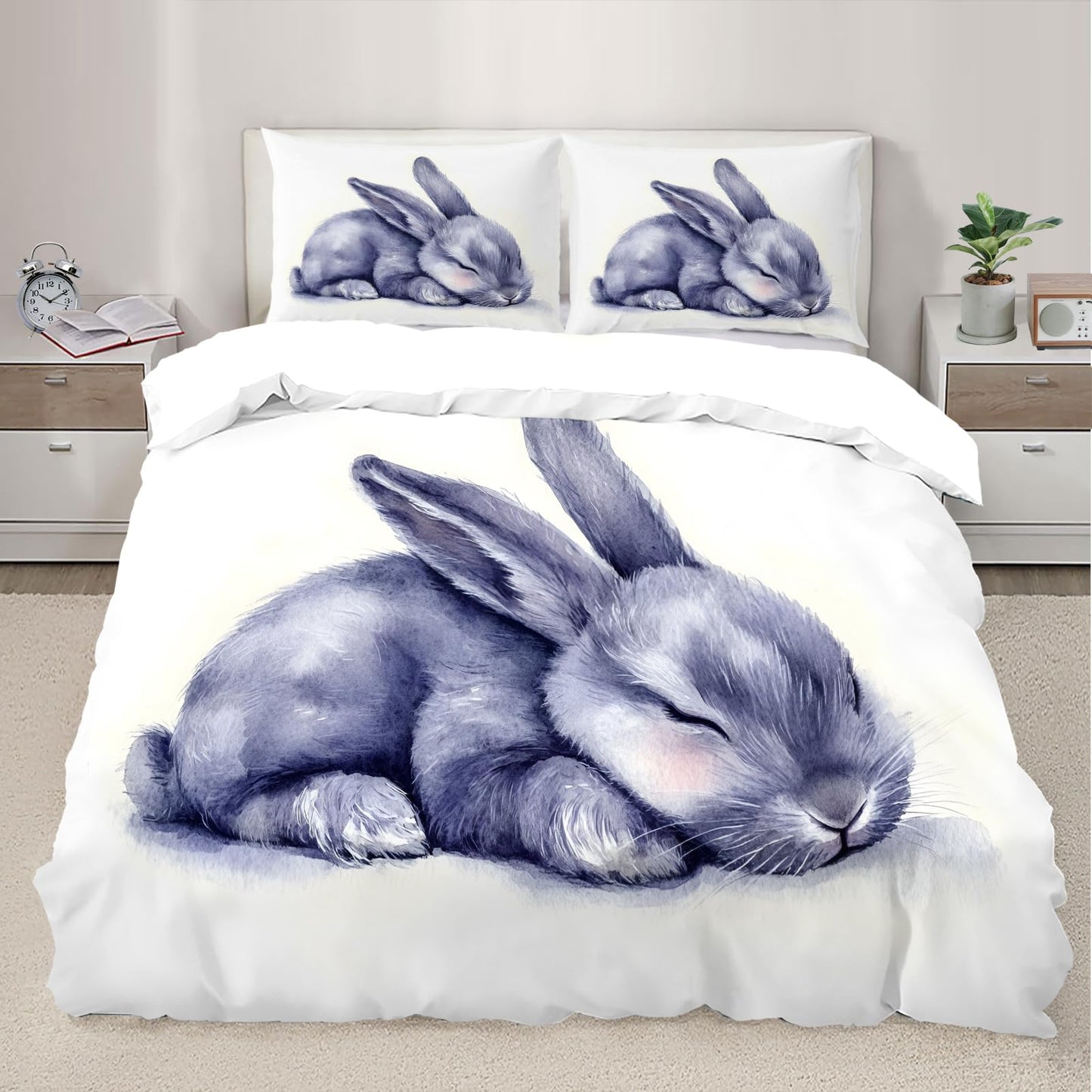 PAISUOQ Rabbit Duvet Cover Queen, Cute Animal Bedding Sets, Sleeping Bunny Comforter Cover with 2 Pillowcases, 3 Pieces with Zipper & Ties, Dorm Decor & Gifts