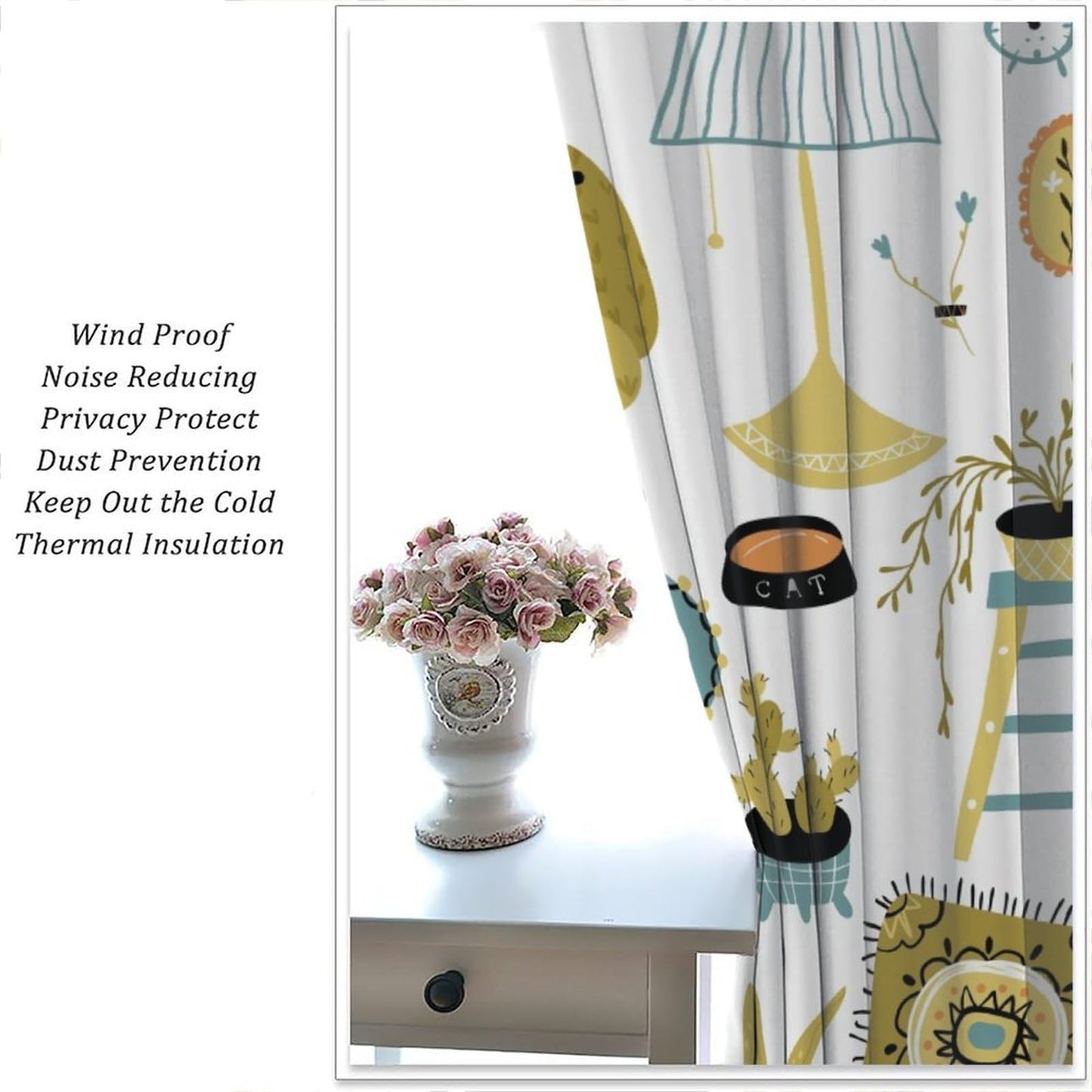 ACOOLTD Cartoon Curtains Rustic Black Kitty Home Ambiance Cute Patterns Furniture Blackout Window Treatment for Kids Bedroom Kitchen Cafe Home Decor Drapes，2 Panels 42" W X 45" L