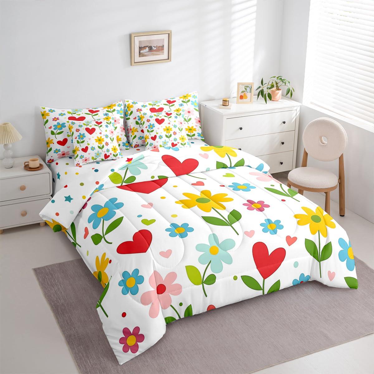 Feelyou Floral Queen Comforter Set with Sheets for Kids Boys Girls Cute 7 Pieces Bedding Set Farmhouse Garden Bed in a Bag Plant Room Decor Red Orange Soft Lightweight Microfiber