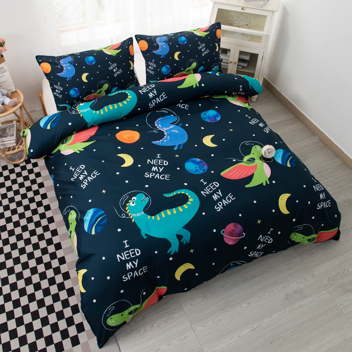 CVHOUSE Dinosaur Bedding Queen Size,Space Dinosaur Bedding Set for Boys Kids Teens,Nave Blue Comforter Set Cover Soft,1 Duvet Cover 2 Pillowcases 3 Piece,Boy's Bedroom Decor