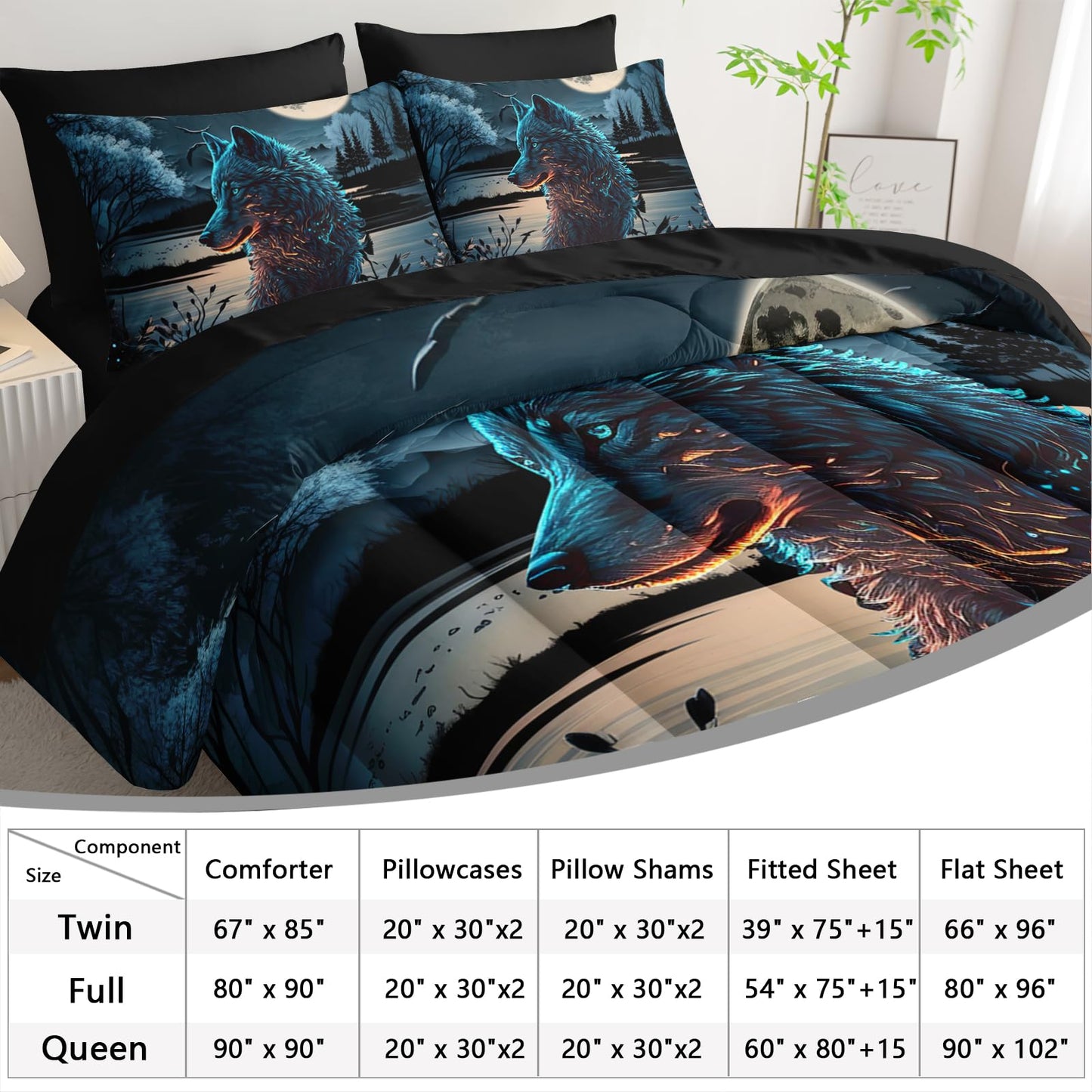 AILONEN Wolf Comforter Set Twin Size,7Pcs Soft Kids Boys Bed in a Bag,Moon Black Wolf Bedding Print Comforter & Fitted Sheet & Flat Sheet & 2 Pillowcases,2 Pillow Shams for Room Decor