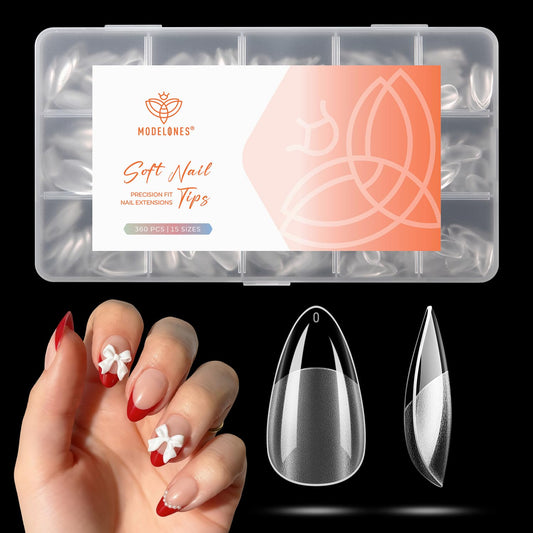 modelones Short Almond Nail Tips, 360pcs Pre-etched Clear Soft Press On Fake Nails Full Cover Half Matte Acrylic Gel Tips Extension for Salon & Home Use 15 Sizes