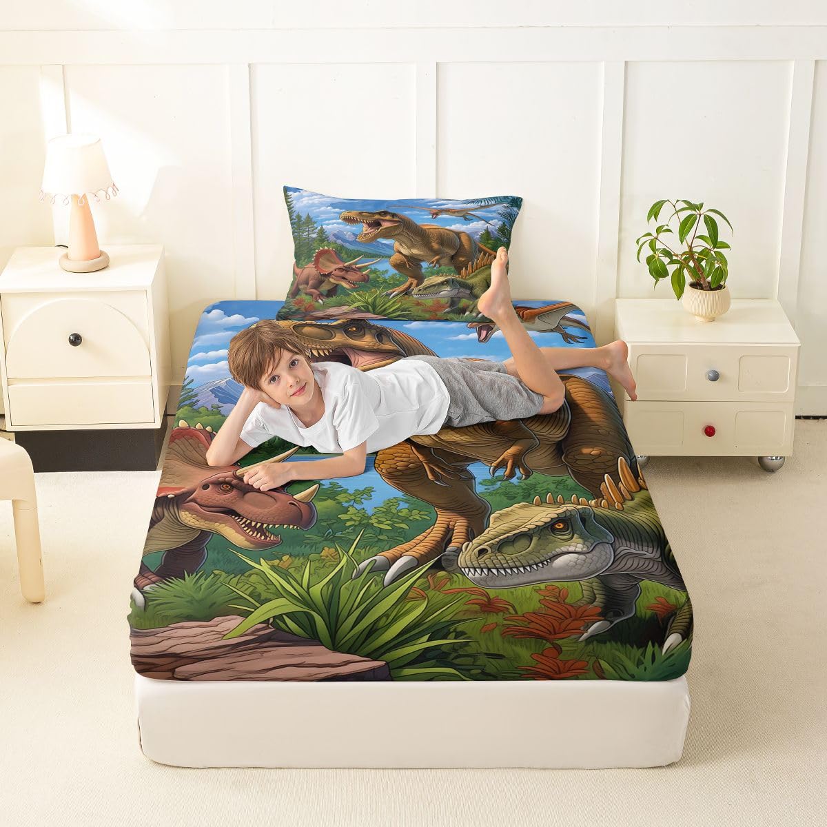 Feelyou Dinosaur Bed Sheets Set Twin Size 3D Digital Print Bed Set Jungle Dino Deep Pocket Fitted Sheet Wild Animal Breathable Soft Lightweight Microfiber Blue and Brown