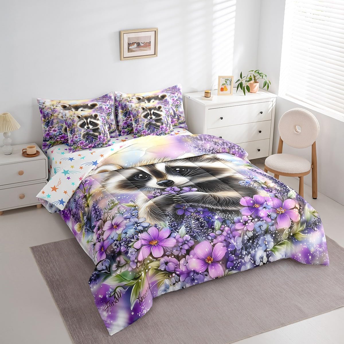 Feelyou Kids Raccoon Comforter Set with Sheets Queen Size, Cute Animal 7 Pieces Bedding Set Boys Girls Wild Animal Bed in A Bag Floral Flower Teens Bed Set Bedroom Decor 7Pcs