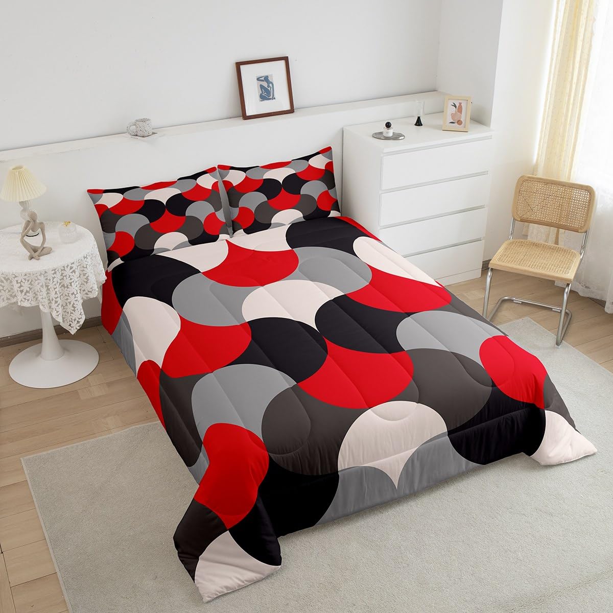 Feelyou Geometric Print Bedding Set Geometric Red Grey Black Comforter Set for Kids Boys Girls Teens Decor Modern Art Comforter Luxury Abstract Art Duvet Set Queen Size