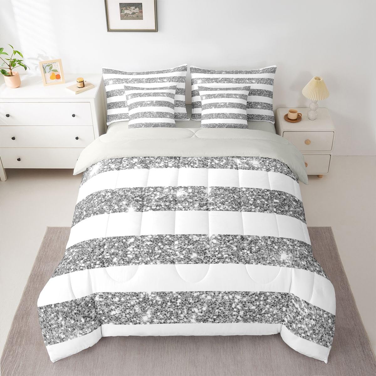 Feelyou Golden Stars Glitter Comforter Set Full Size 7 Pieces Diamond White and Grey Bedding Set for Kids Boys Girls Bling Partyations Bed in a Bag with Comforter, Sheets, Pillowcases, Covers