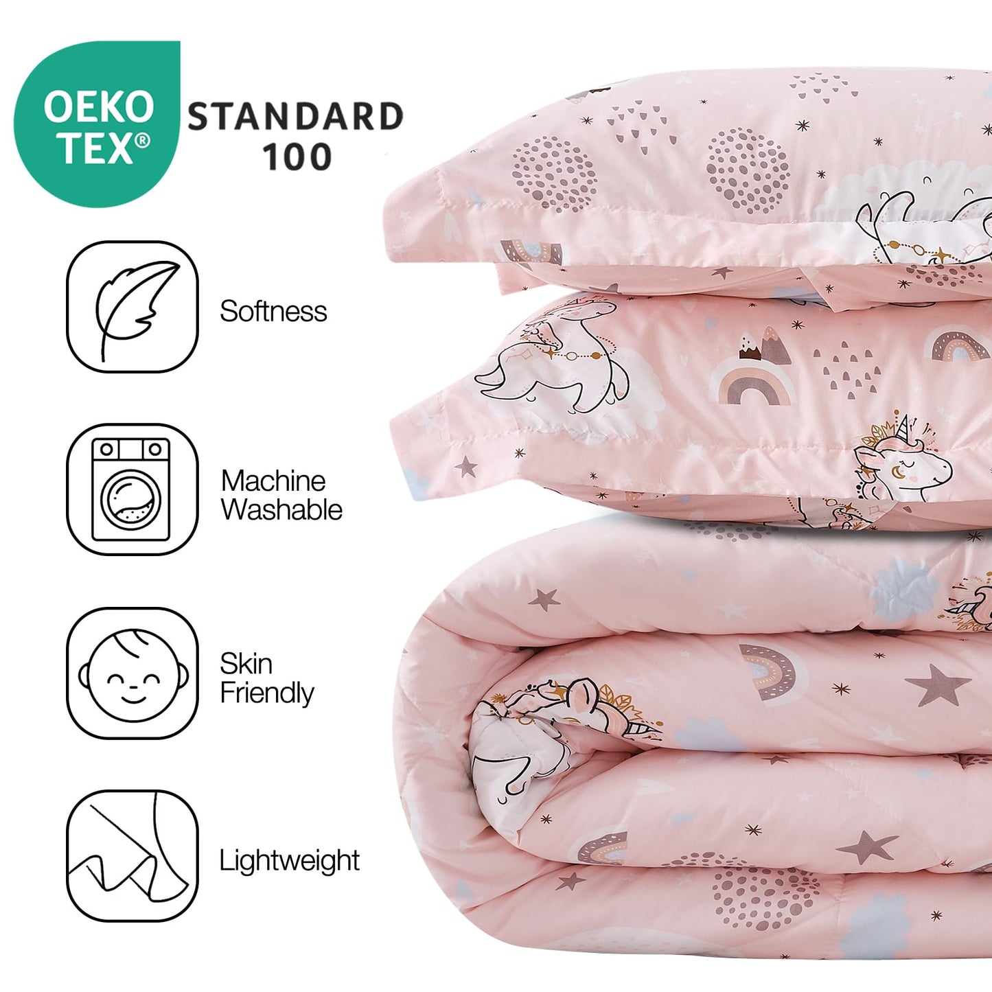 JSD Pink Unicorn Kids Comforter Set Full Size, 3 Piece Girls Rainbow Microfiber Comforter with Pillow Shams, Lightweight All Season Washable
