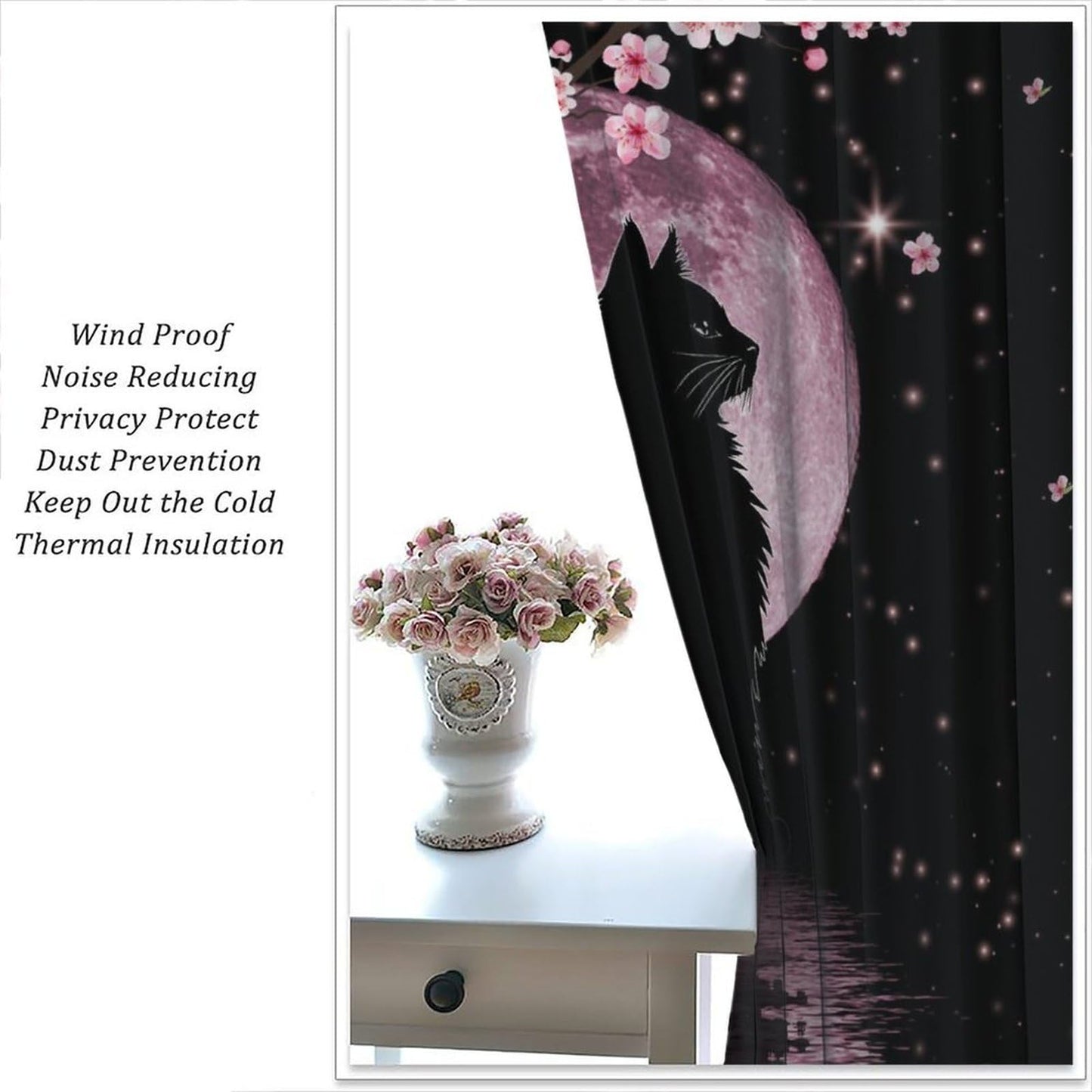 wlsgdsg Asian Cat Curtains for Kitchen Cartoon Cherry Blossom Pink Floral Moon Phase Black Cat Japanese Style Kawaii Cute Print for Kids Bedroom Living Room Bathroom 42x45In（No Blackout）