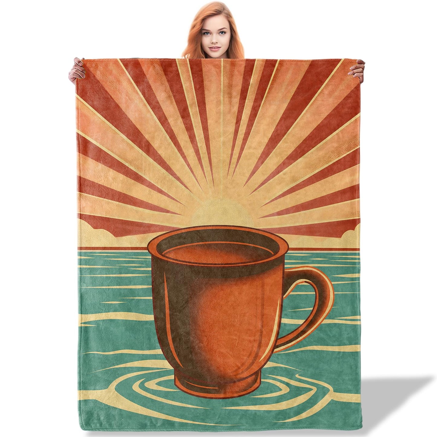Plistiz Coffee Throw Blanket - 50x60 Inch, Artistic Coffee Cup Sunrise Design, Flannel Polyester, Energizing Gift for Lovers
