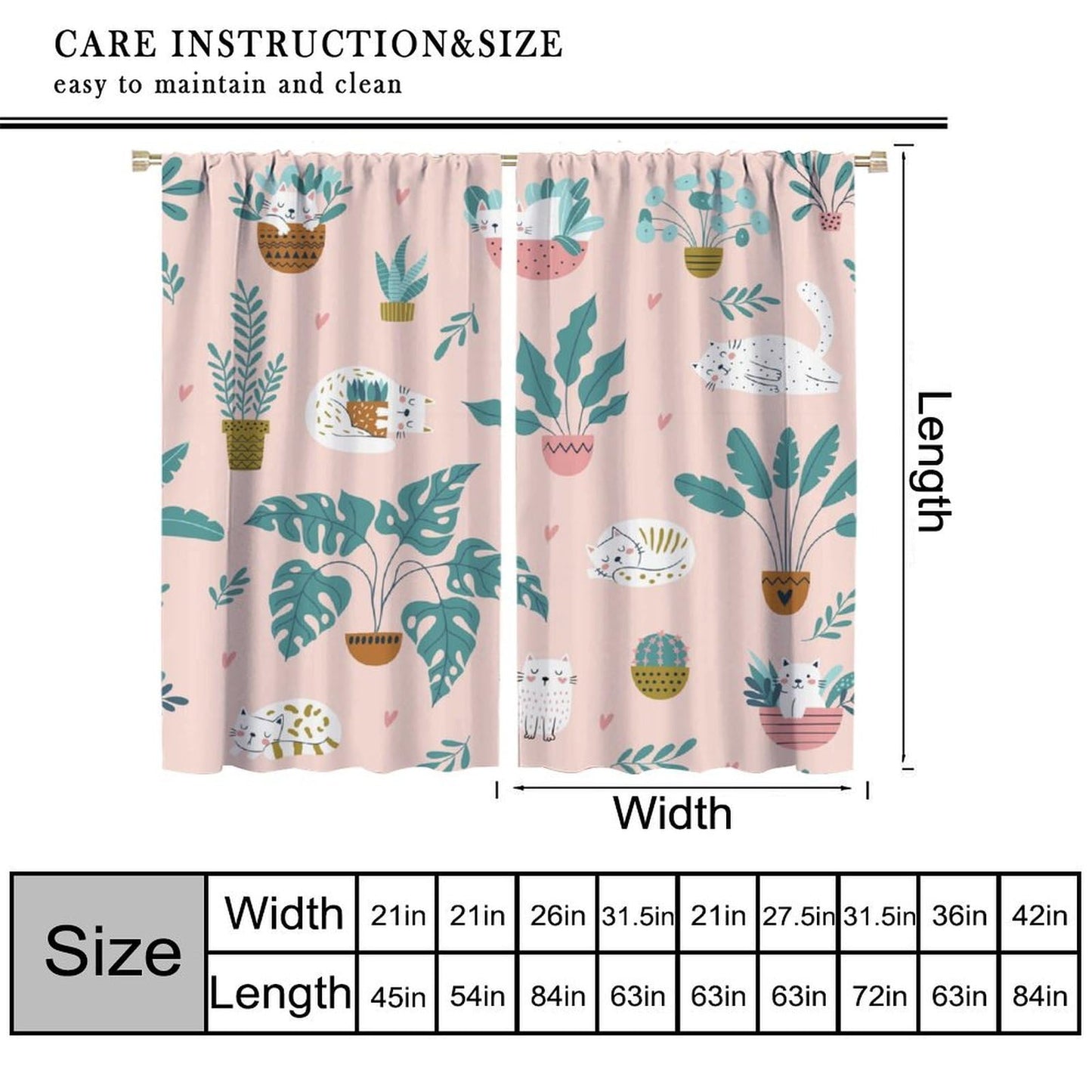 JADERYS Cat Blackout Curtains Cute Cartoon Animal Cat Green Plant Potted Pink Art Print for Girls Boys Women Bedroom Living Room Rod Pocket Decoration Window Drapes 2 Panels W21xL45in