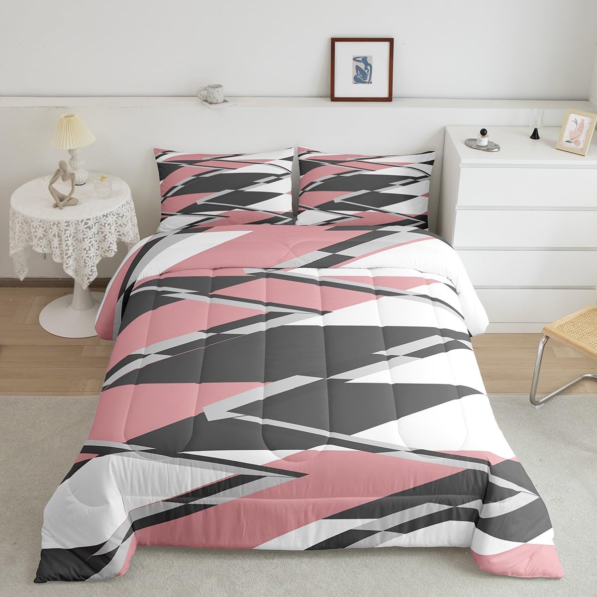 Feelyou Diamond Geometric Bedding Set Geometric Comforter Set for Kids Boys Girls Teens Decor Buffalo Check Pink Grey White Comforter Grid Plaid Modern Art Duvet Set Queen Size Quilt Set 3Pcs