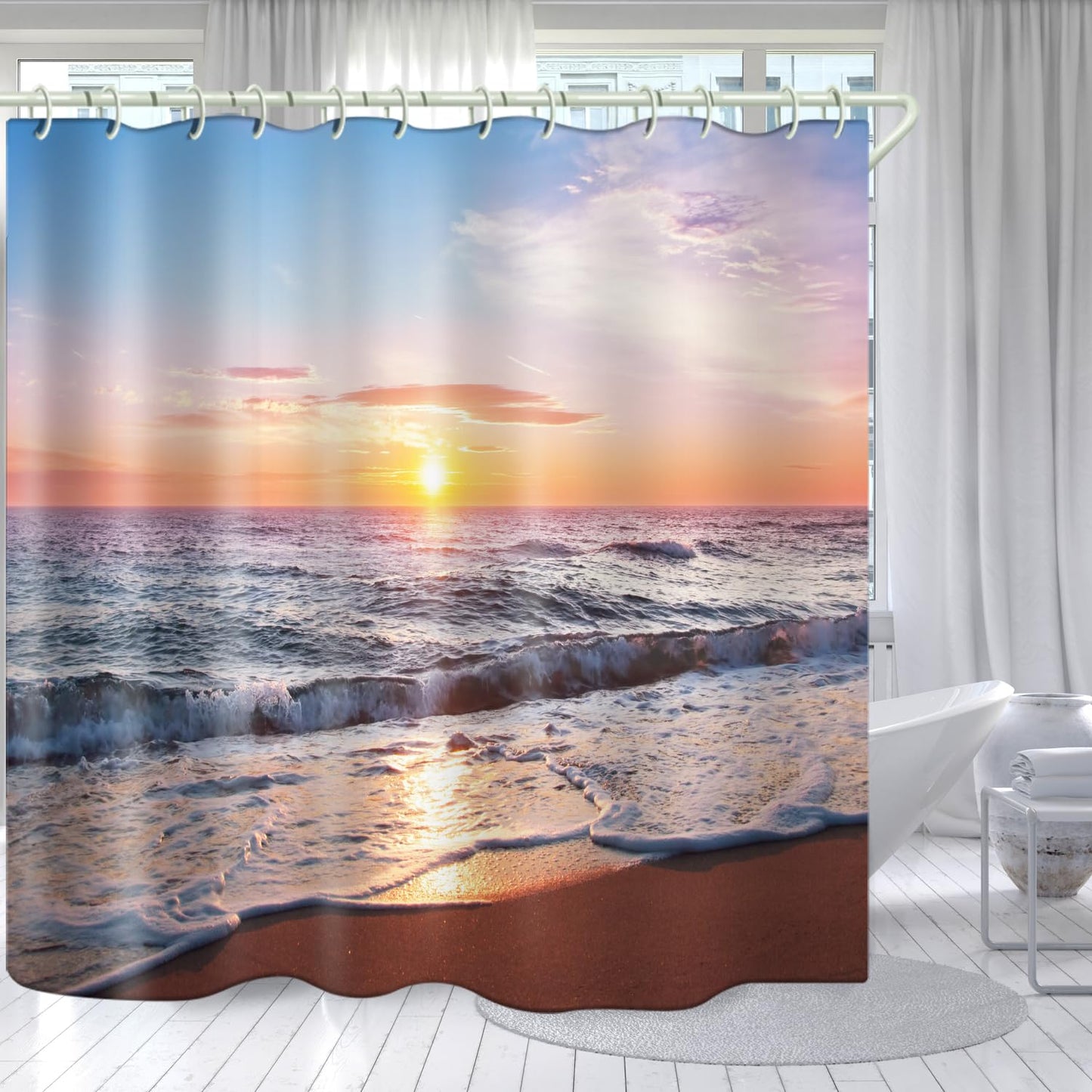 LYFANS Bathroom 3D Beach Sunset Decorative Shower Curtain, 72x72 Inch Waterproof Fabric Shower Curtains with 12 Hooks