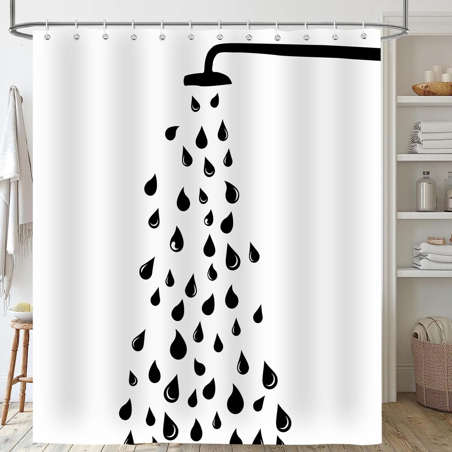 Emwnodti Cute Funny Raindrop Shower Head Shower Curtain, Black White Water Droplets Modern Minimalis Bathroom Decor, Polyester Fabric Waterproof Bath Curtain Accessory Set with 12 Hooks 72x72 inch