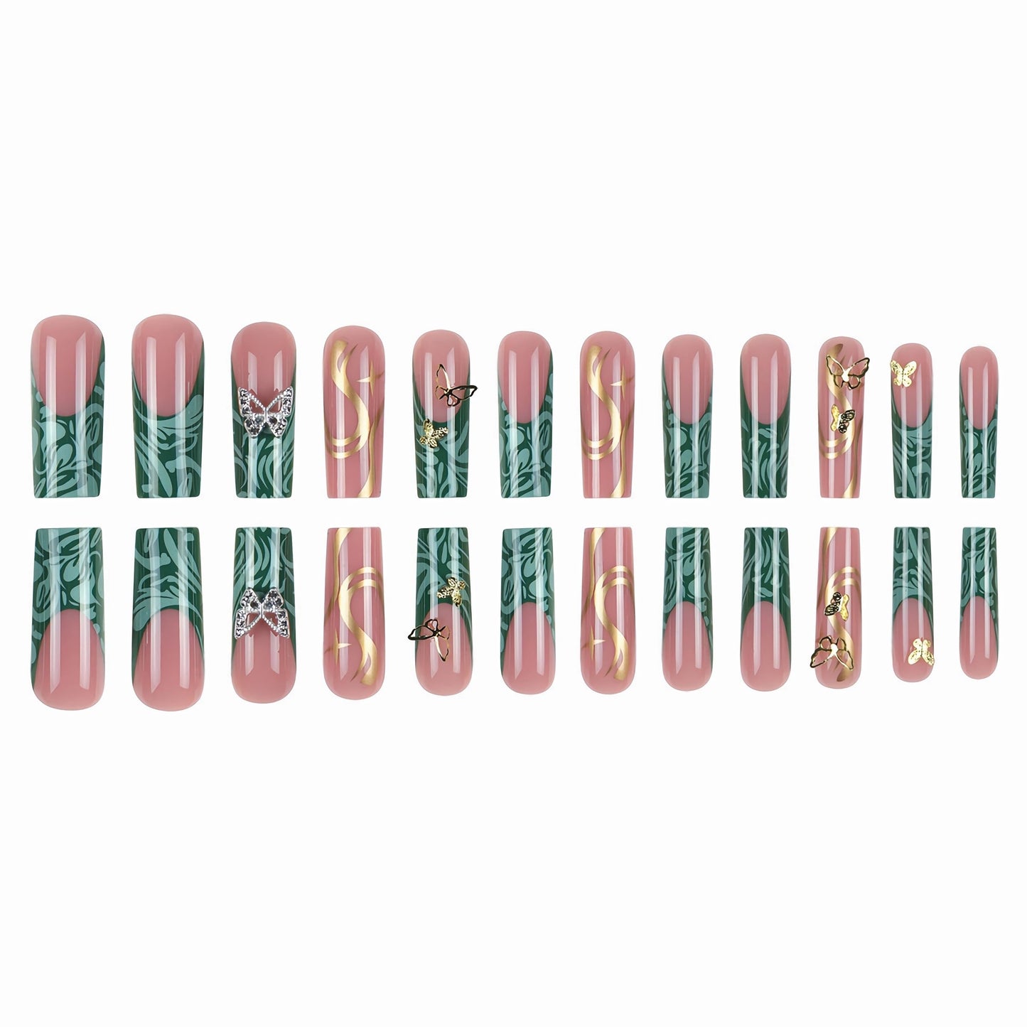 MERVF Long Press on Nails Square Fake Nails Green French Tip Glue ons Nail with 3D Gold Butterfly Design Squoval Acrylic Luxury Supplies Art DIY Manicure Glossy 24pcs