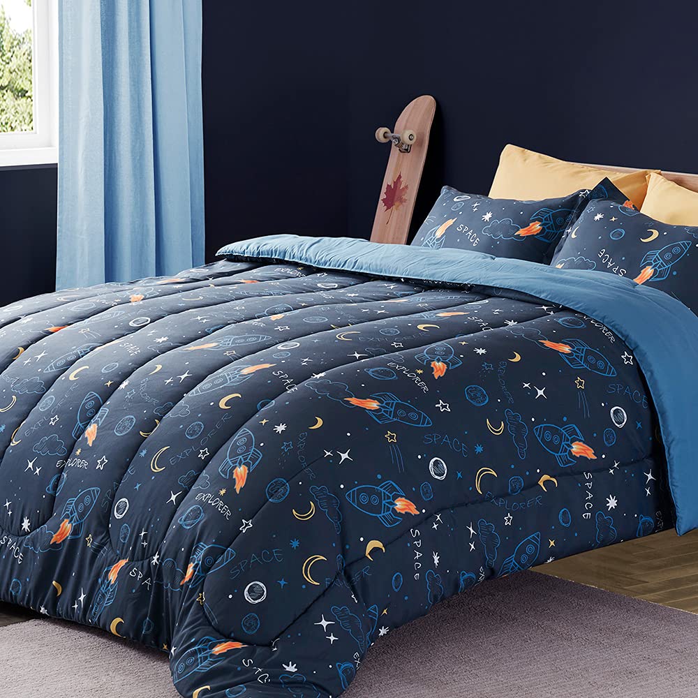 SLEEP ZONE Kids Twin Bedding Comforter Set - Super Cute & Soft Kids Bedding Bed in a Bag Pieces Set with Comforter, Sheet, Pillowcase & Sham (Space Rocket)