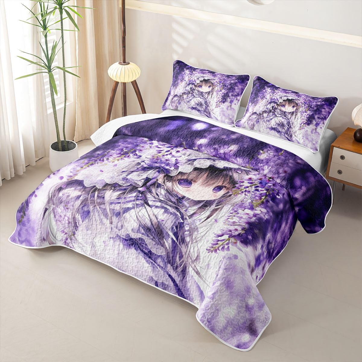 Erosebridal Lilac Flower Girl Quilt Twin Size - Purple Spring Floral Bedspread Anime Girl Bed Coverlet with 1 Pillowcase