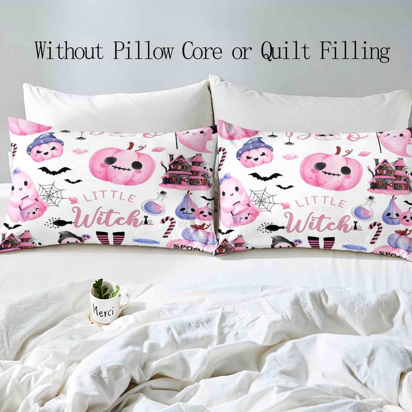 LUVIVIHOME 3PCS Pink Cute Ghost Pumpkin Duvet Cover Queen Bedding Sets, Kids Teen Girls Bedding, White Duvet Cover, Bat Spider Web Haunted House Spooky Witchy Halloween Comforter Cover, 2 Pillow Cases