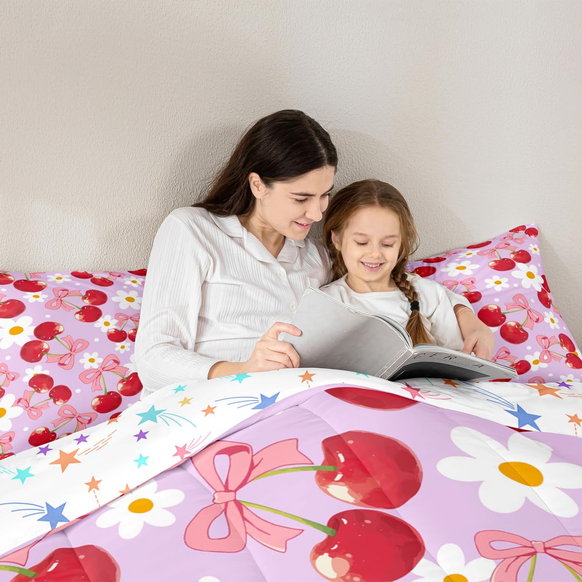 Erosebridal Red Cherry Bow Comforter Set Pink Bow Tie Full Size Bedding Sets | Daisy Flowers Rustic Comforter Dreamy Princess Style Ribbon Bowknot Bed Set,Purple