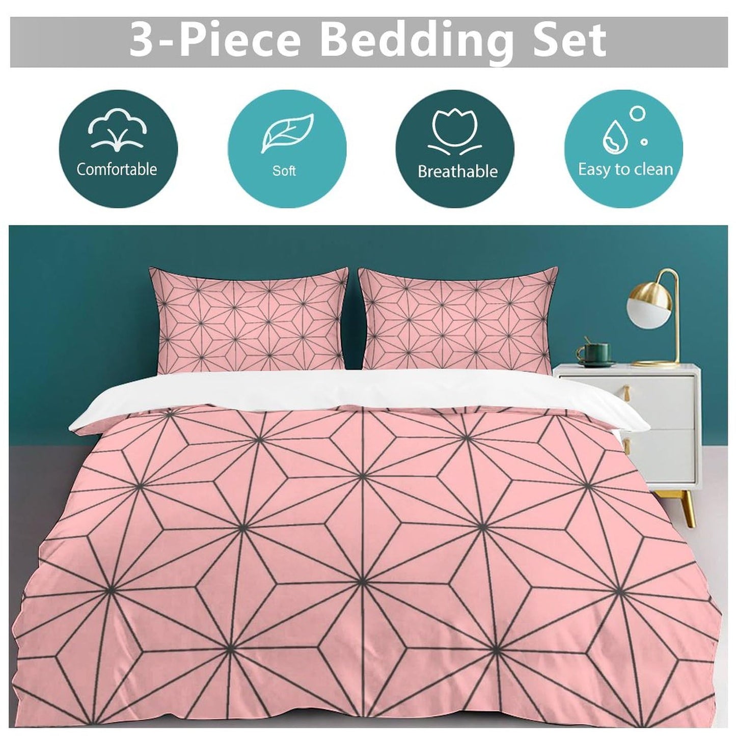 INFLAG Anime Bedding Set, 3-Piece Anime Duvet Cover Full Size Ultra Soft Breathable 3D Printed Microfiber Comforter Cover, Cartoon Quilt Cover with 2 Pillowcases (Full,Pink)