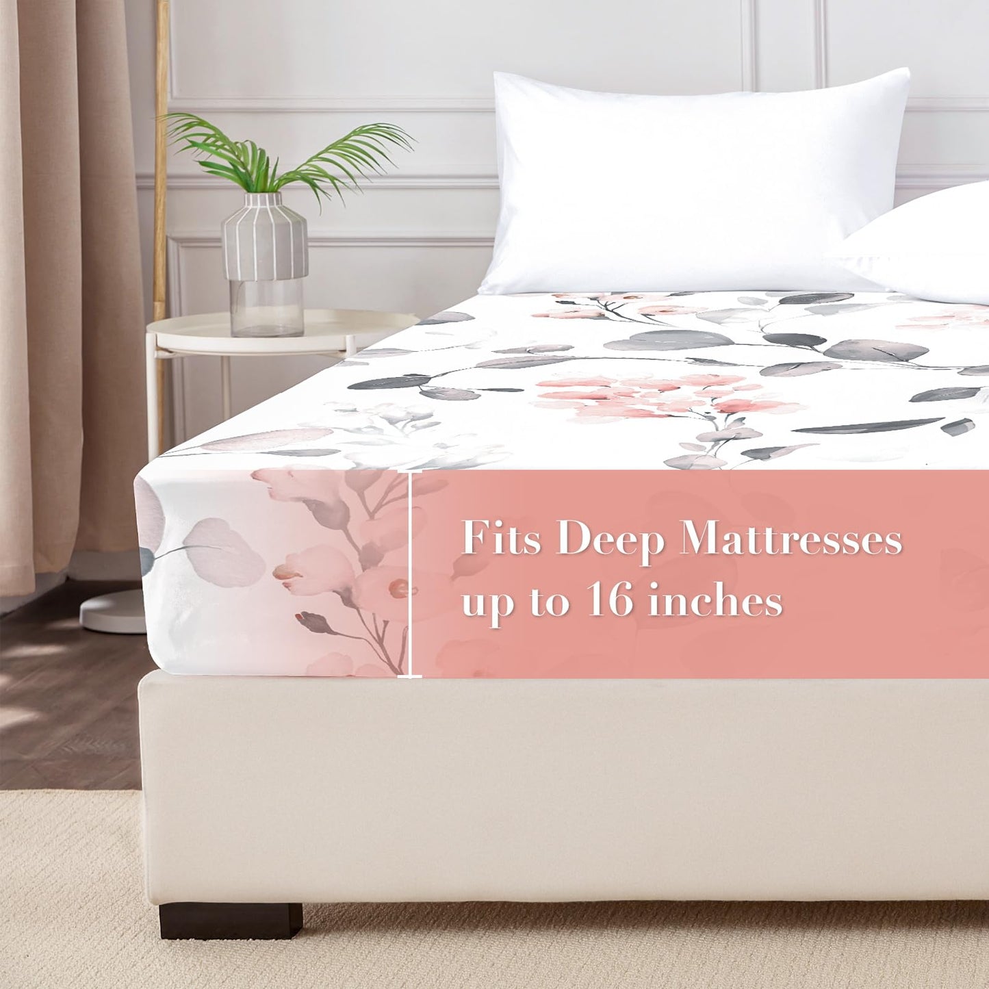 HCORA Floral Fitted Sheet Only, 100% Brushed Microfibre Deep Pocket Fitted Bottom Sheet, Ultra Soft, Shrinkage and Fade Resistant, Full Size