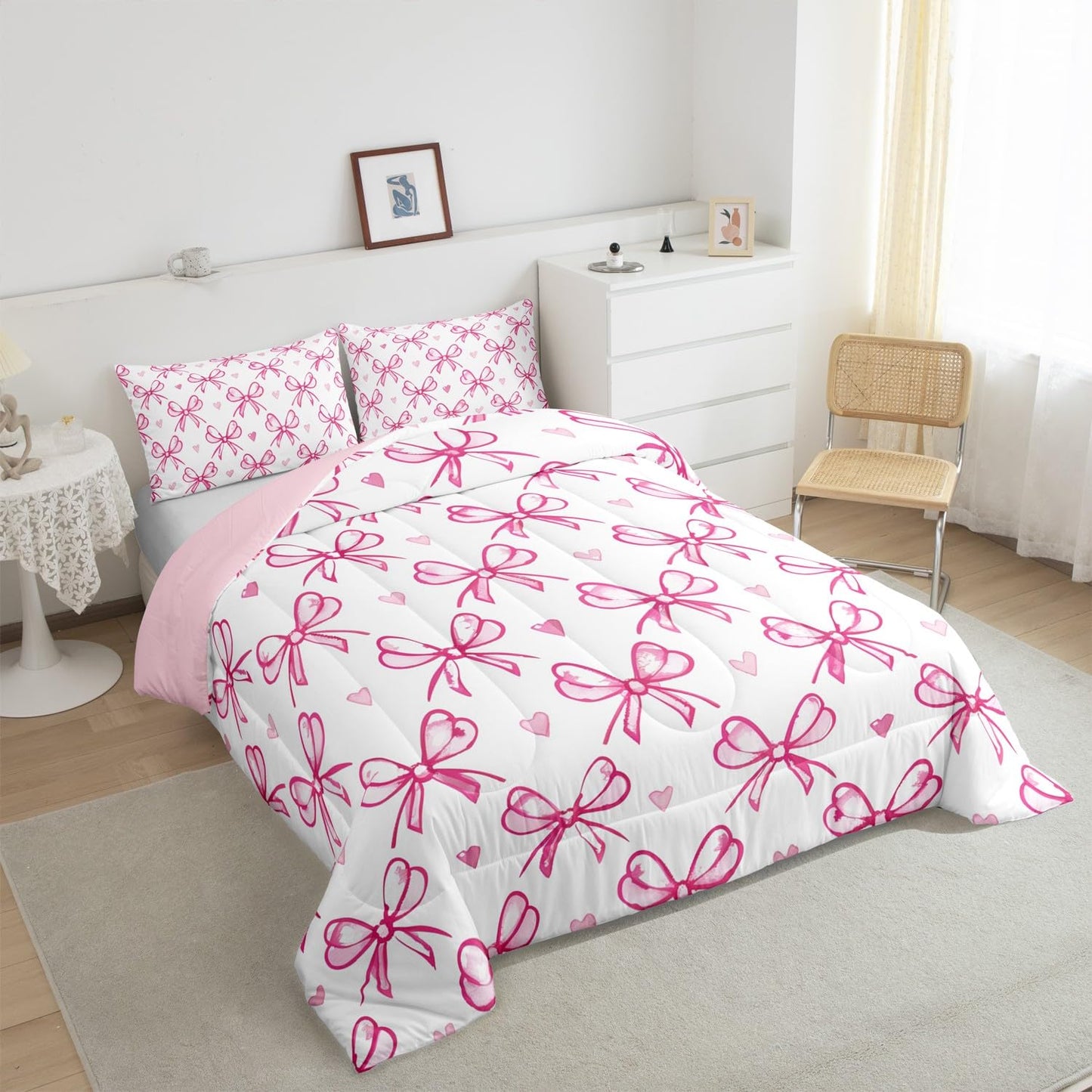 Pink Bow Girlish Kids Comforter Set Queen Size,Bowknot Love Heart Hand Paint Cute Bedding Set,Girls Women Room Decor,Princess Style Bow Tie Down Comforter,Girly Romantic Duvet Insert,2 Pillowcases