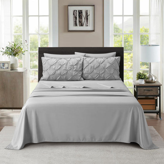 AiMay 6 PC Sheet Pillowcase Set Deep Pocket Double Brushed Microfiber Soft Durable Solid Color Wrinkle Free 1 Flat Sheet 1 Fitted Sheet 2 Pillowcases 2 Pinch Plated Pillowcases(Light Gray, Queen)